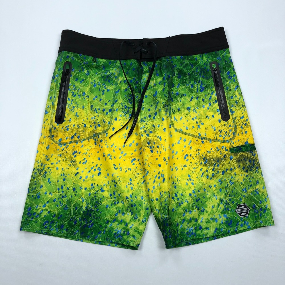 Pelagic Hydro-Lite Pro Board Shorts Mens 34 Green Yellow Dorado Fishing 10989-00 - Picture 1 of 8